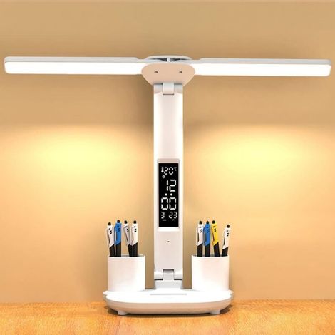 Lampe de bureau LED - Luminosité réglable, rechargeable - Adaptée aux enfants - Fonctions : horloge, porte-stylo, écran LCD, calendrier, affichage de la température - 3 couleurs de lumière - Blanche (1/5)