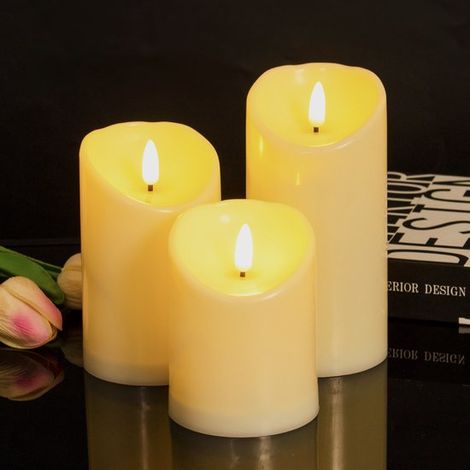 Lot de 3 bougies d'extérieur étanches avec lumière LED, sans fil et sécurisées, 7,5 x 10, 12,5 et 15 cm, bougie LED clignotante, minuterie et fonctionnement sur piles, style artistique (1/4)