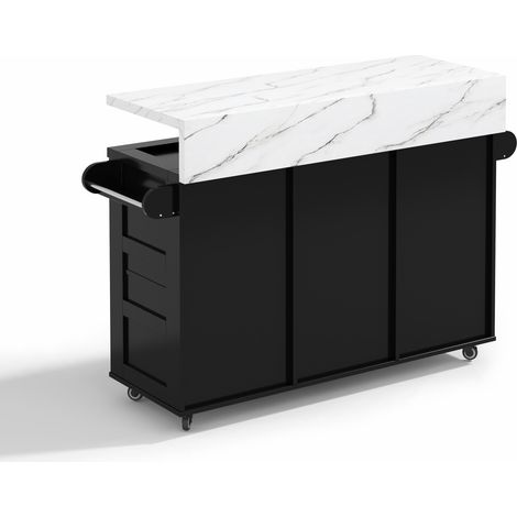 Îlot de cuisine sur roulettes avec plan de travail rabattable, rangement intégré, porte-bouteilles et support verres, MDF, 138x60x93 cm (1/5)
