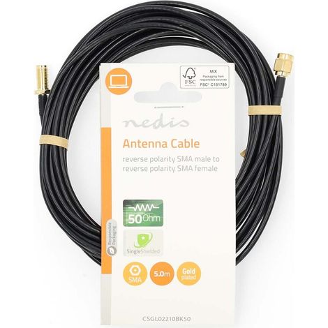 Nedis Antennenkabel / RP SMA-Stecker / RP SMA-Buchse / Vergoldet / 50 Ohm / Einzeln geschirmt / 5.00 m / Rund / PVC / Schwarz / Label