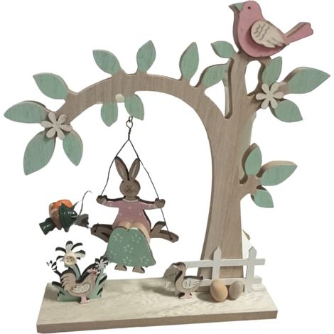 Albero di buona pasqua con tronco rami in legno e coniglio sull'altalena addobbi - colorigenerali: ROSA