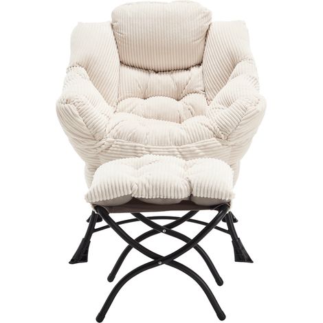Poltrona lounge con poggiapiedi in tessuto bianco, struttura in acciaio, con tasca laterale (1/5)