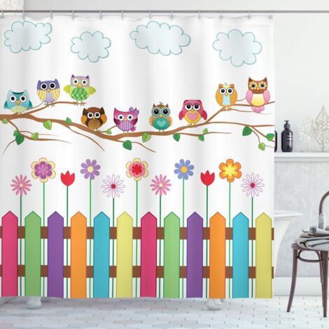 Sollbry hiboux Rideau de Douche, Oiseau sur la Branche Sunny Day, Tissu Ensemble de Décor de Salle de Bain avec 12 Crochets, 180 cm x 200 cm, Multicolore