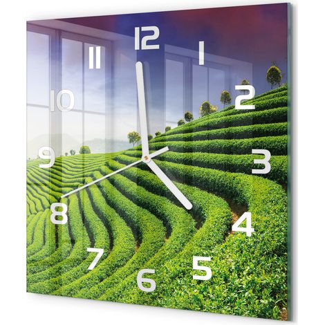 Horloge Murale Carrée Déco Salon Verre Trempé Silencieuse Design Contemporain Plantation de thé 30x30 cm (1/5)