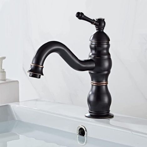 Robinet lavabo noir rétro en laiton massif, mitigeur pivotant 360° avec cartouche céramique haute précision (1/5)