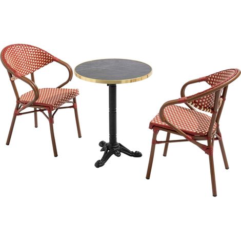 Table de terrasse 60cm inclinable marbre noir et 2 chaises rouge