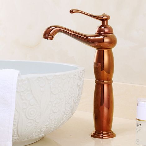Massive Messing-Waschbeckenarmatur im europäischen Retro-Stil für Aufsatzwaschbecken, Badezimmermischer mit Schlauch, klassische roségoldene Oberfläche-lsw