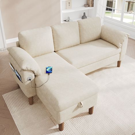 Canapé d’angle rembourré 3 places 181 cm - canapé en L avec méridienne réversible et rangement, USB Type-C, poches latérales - chenille - Beige (1/5)