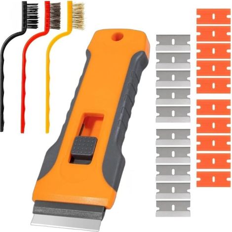 Grattoir Rétractable pour Plaque de Verre – 10 Lames Métalliques, 10 Lames Plastique et 3 Brosses Acier, Outil Multi-Usage pour Étiquettes, Colle, Silicone et Décals (1/5)