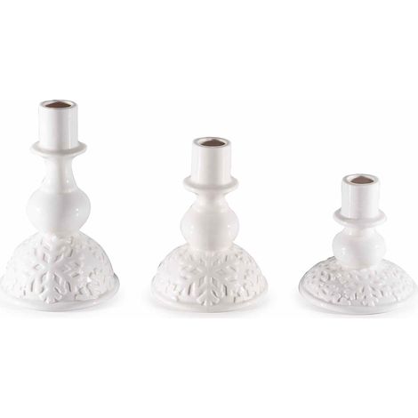 Candelabri natalizi in porcellana bianca con decori a fiocco di neve set 3 pezzi (1/2)