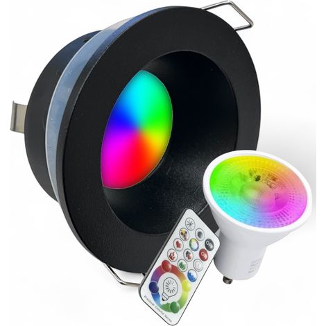 Faretto LED nero da incasso 5W GU10 per bagno, doccia e ambienti interni/esterni, RGBW cromoterapia con telecomando e giochi di luce ed effetti colore (1/5)