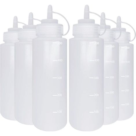 Set di 6 flaconi da 500 ml in plastica flessibile, ideali per condimenti per insalate, ketchup, senape e maionese.