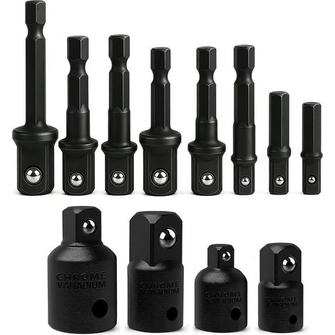 12 Adaptateurs de Douilles à Choc,8pcs 5 Taille Extension à Tige Hexagonale de 1/4 vers 1/4", 3/8" et 1/2",4Pcs Adaptateur Cliquet,Reducteur Carre,3/8" ver 1/4" 1/2", 1/4 1/2 vers 3/8 CR-V (1/5)