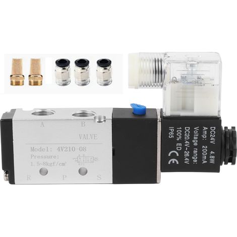 Électrovanne pneumatique 5 voies 2 positions, valve à air avec raccord 8mm et silencieux, alimentation DC20.4-26.4V (1/5)