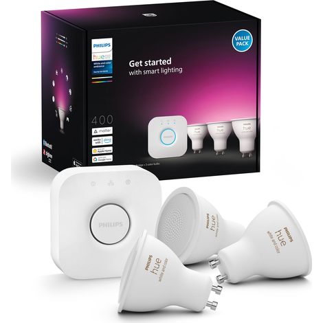 Philips Hue Starter Pack GU10 con 3 Focos LED (400 lm) Luz blanca y de color - Incluye 1 Bridge - White y Color Ambiance (1/5)