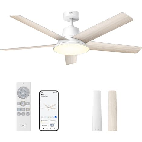 Ventilatore da soffitto intelligente da 132 cm, luce LED dimmerabile, 12 velocità, 3 modalità, timer di 12 ore, motore DC silenzioso, controllo remoto/app/Alexa, colore bianco per uso interno. (1/5)