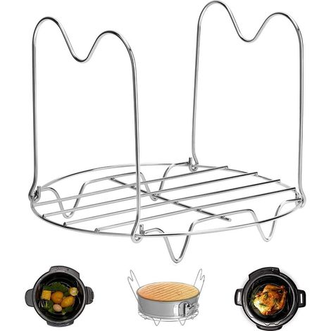 Rejilla metálica vaporera con asas para ollas de 6 y 8 cuartos, ideal para carne y verduras.
