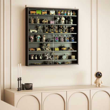 Noir - Vitrine murale avec 6 étagères réglables, présentoir pour collections, en verre et carton compressé, 80 x 9,5 x 83 cm