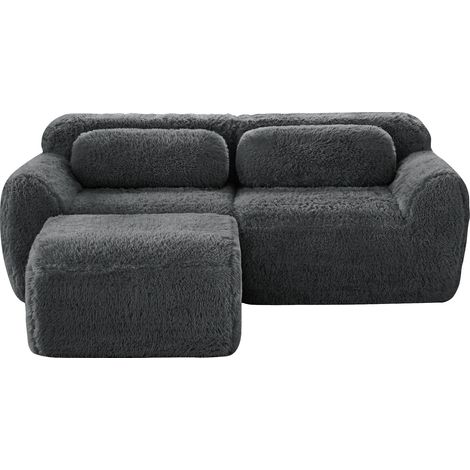 Divano Modulare 2 Posti in Tessuto Scamosciato con Sgabello, Base Antiscivolo, Senza Montaggio, Seduta Larga, Grigio (1/5)