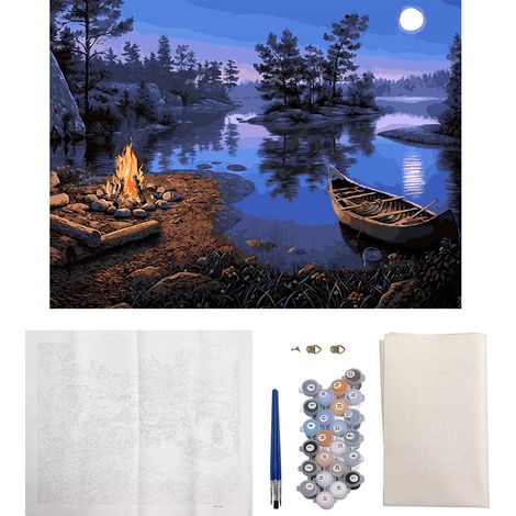 DIY Paint By Numbers Moonlight Bonfire Fisherboat Pattern Long Term Waterproof Color By Number Painting for Meditation (1/5)