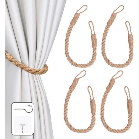 Set mit 4 Vorhanghaltern mit dekorativem, handgefertigtem, gedrehtem Hanfseil für Vorhänge (Khaki, 4) (1/5)