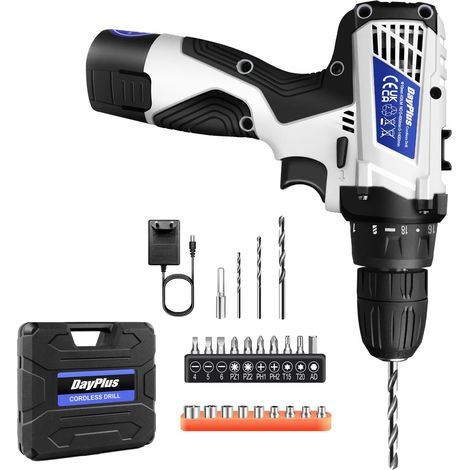 Perceuse Visseuse Sans Fil 12V, Alimentée par Batterie avec Mandrin Sans Clé de 10mm, 2 Vitesses, Lumière LED Intégrée, Perceuse Électrique à Percussion Pour Percer et Serrer/Desserrer le Vis, Blanc