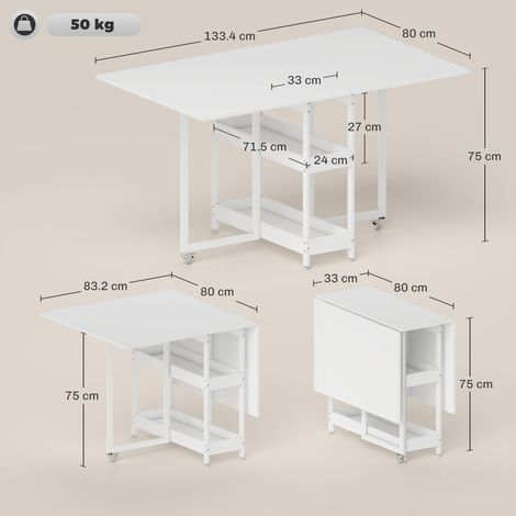 Table pliante (avec 2 rallonges, 4 couverts, 2 étagères ouvertes), structure bois et métal, 133,4 x 80 x 75 cm, blanche (1/5)