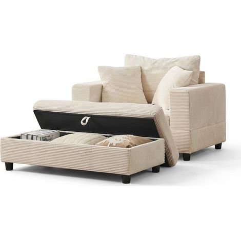 Chaiselongue mit Fußablage und Stauraum, Lounge Sofa mit 3 Kissen, Metall und Holz Beige (1/5)
