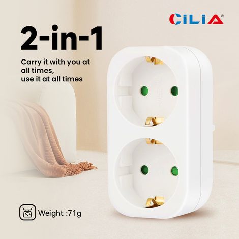 Cilia 1 pièce Rallonge de prise UE, répartiteur, multiprise, 2 en 1, 250 V, 10-16 A, blanc, universel Schuko.