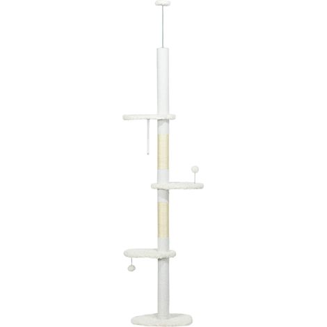 Arbre à chat plafond réglable 225-255cm poteaux sisal, 48x32cm, Blanc (1/5)