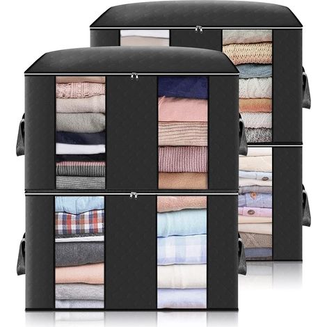 Sac de Rangement Couette en épais Non-tissé 4Pcs Sac de Boite Rangement Grande Capacité avec Poignée Renforcée pour Édredons Couvertures Oreillers Jouets Vestes Vêtements Noir (1/5)