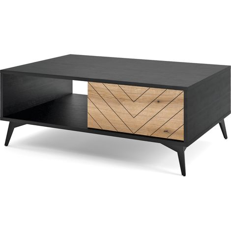 Selsey BOULIA - Wohnzimmertisch Couchtisch mit Schublade, Schwarz / Eiche Evoke mit Fischgrätmuster, 68 x 104 cm (1/5)