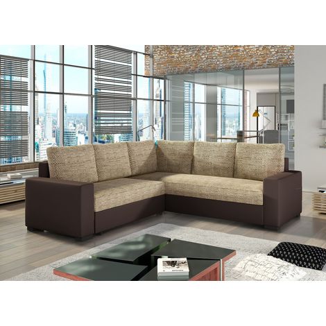 Canapé d'angle convertible simili marron et tissu beige chiné Travor 235cm (1/5)