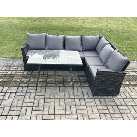 Fimous Outdoor Furniture Garden Dining Set Rattan Corner Sofa Set Rectangular Dining Table with Temper Glass Dark Grey Mixed (1/5)