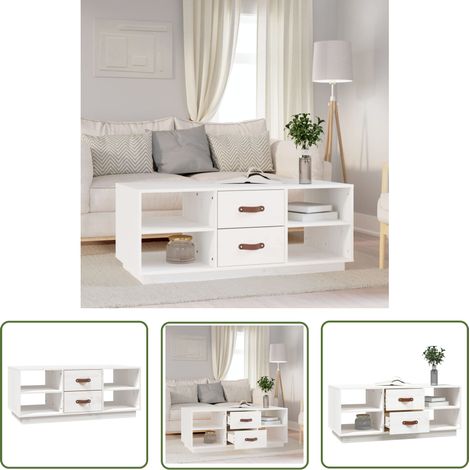 The Living Store Table basse Blanc 100x50x41 cm Bois massif de pin - Table Basse Blanche - Meuble Salle Séjour - Table Bois Massif - Table D'appoint Design - Rangement Tiroir Étagère (1/5)