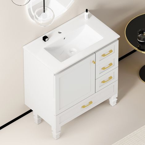 Meuble de salle de bain avec 1 porte à fermeture douce et 3 tiroirs, blanc