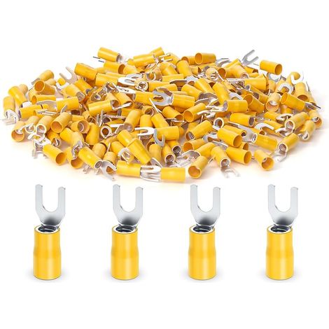 200Pièces 12-10 AWG connecteurs isolés de fil de bêche de fourche, Terminal de sertissage électrique de type u jaune