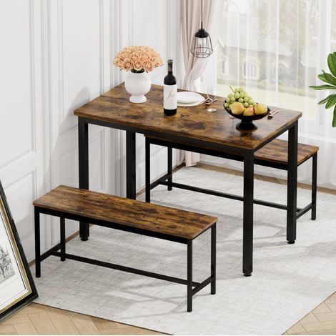 Ensemble de salle à manger 4 personnes en panneaux de particules et acier brun rustique/noir, table 110x60 cm avec 2 bancs (1/5)