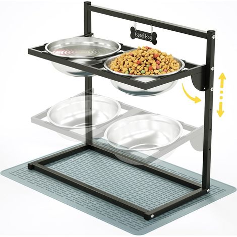 1 Support Réglable - Gamelle Surélevée Chien - Bol Acier Inoxydable - 4 Hauteurs Inclinaison 10° Pour Grande Race Anti-Bruit Noir 60x30x55cm (1/5)