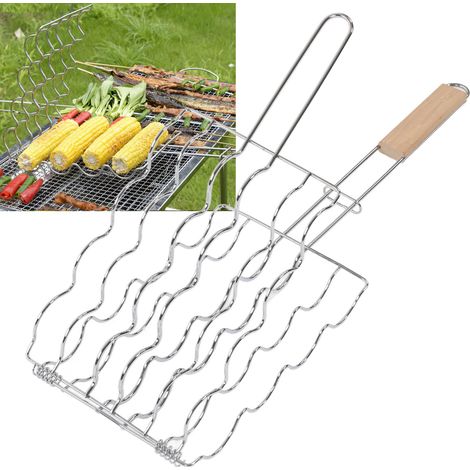 Corn Grillier avec Panier - Panier pour Grill en Acier Inoxydable avec Poignée Bois Hêtre - Distribution Uniforme de la Chaleur - Capacité 4 Maïs - Pour Grill Barbecue Camping BBQ (1/5)