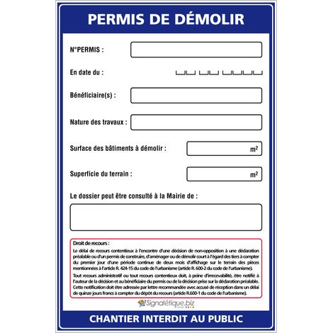 Signaletique.Biz France – Panneau permis de démolir 80 x 120 cm en Akilux 3,5 mm – Marqueur noir inclus – Affichage réglementaire chantier - W1045 (1/5)