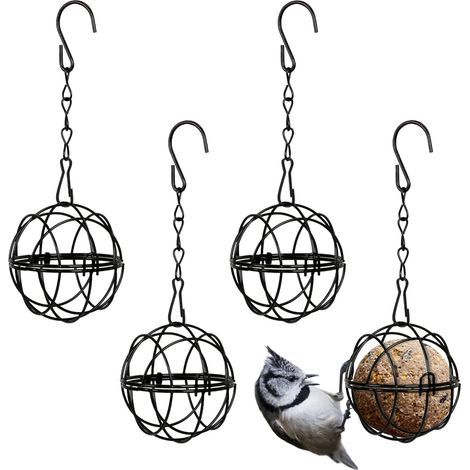 GENERIC-4pcs Mangeoires Oiseaux À Suspendre En Métal Porte Boule De Graisse À Oiseaux Intérieur Extérieur Noir 7cm De Diamètre Distributeur Nourriture Avec 4 Crochets En Forme S (1/5)