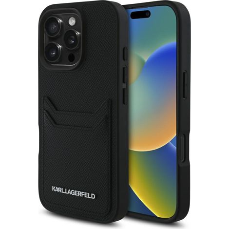 Funda Karl Lagerfeld HC de PU granulado con ranura para tarjetas y metal, alargada, para iPhone 16 Pro Max, color negro. (1/5)