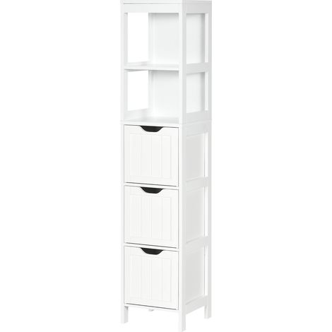 Meuble de salle de bain haut et étroit avec 3 tiroirs et 2 étagères ouvertes, style moderne, 30 x 30 x 141,6 cm, blanc (1/5)