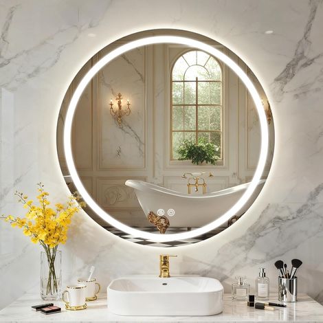 Miroir Rond Salle de Bain, LED Miroir Salle de Bain Lumineux, Anti-buée, 3 Couleurs Lumière, Dimmable, Mémoire, Verre trempé HD, IP44, Toucher Intelligent (Rond, 80 cm) (1/5)