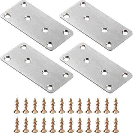 Lot de 4 plaques de réparation en acier inoxydable avec 6 trous - Avec vis - Support de jonction droit pour meubles en bois et métal (50 x 100 mm) (1/5)