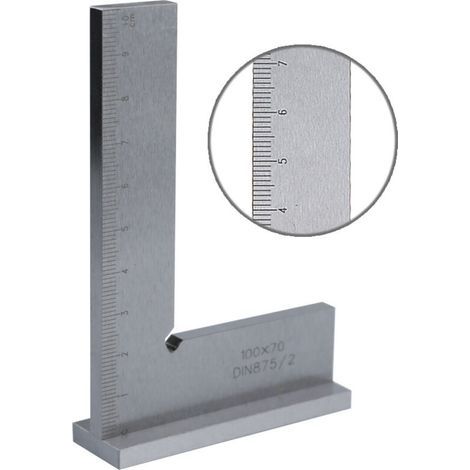 Squadra da carpentiere a 90°, 100 x 70 mm, in acciaio con base e scala DIN 875, con fermo, per lavori di falegnameria di precisione. (1/4)