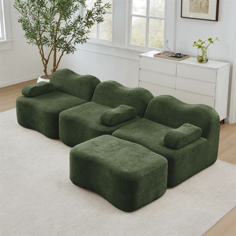 Canapé Modulaire d'Angle 3 Places avec Pouf - 288x167x70cm - Design Vague Ergonomique Sans Cadre en Velours - Vert (1/5)