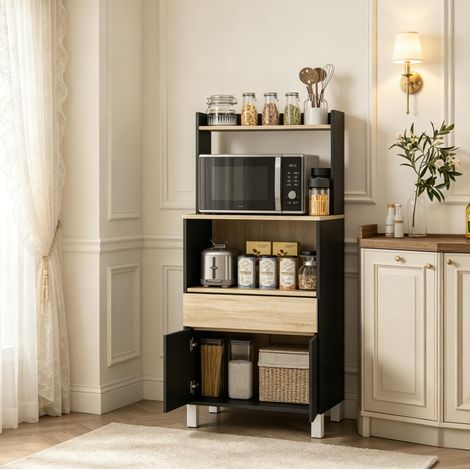 Mueble para microondas 60x40x131 cm de paneles de madera negro con almacenaje FloraGrace (1/5)