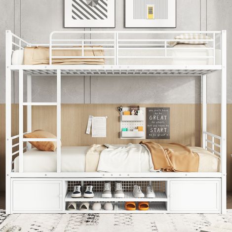 Lit superposé fer blanc 90×200cm,armoire rangement et échelle latérale,grille anti-chute,adapté aux enfants et adolescents